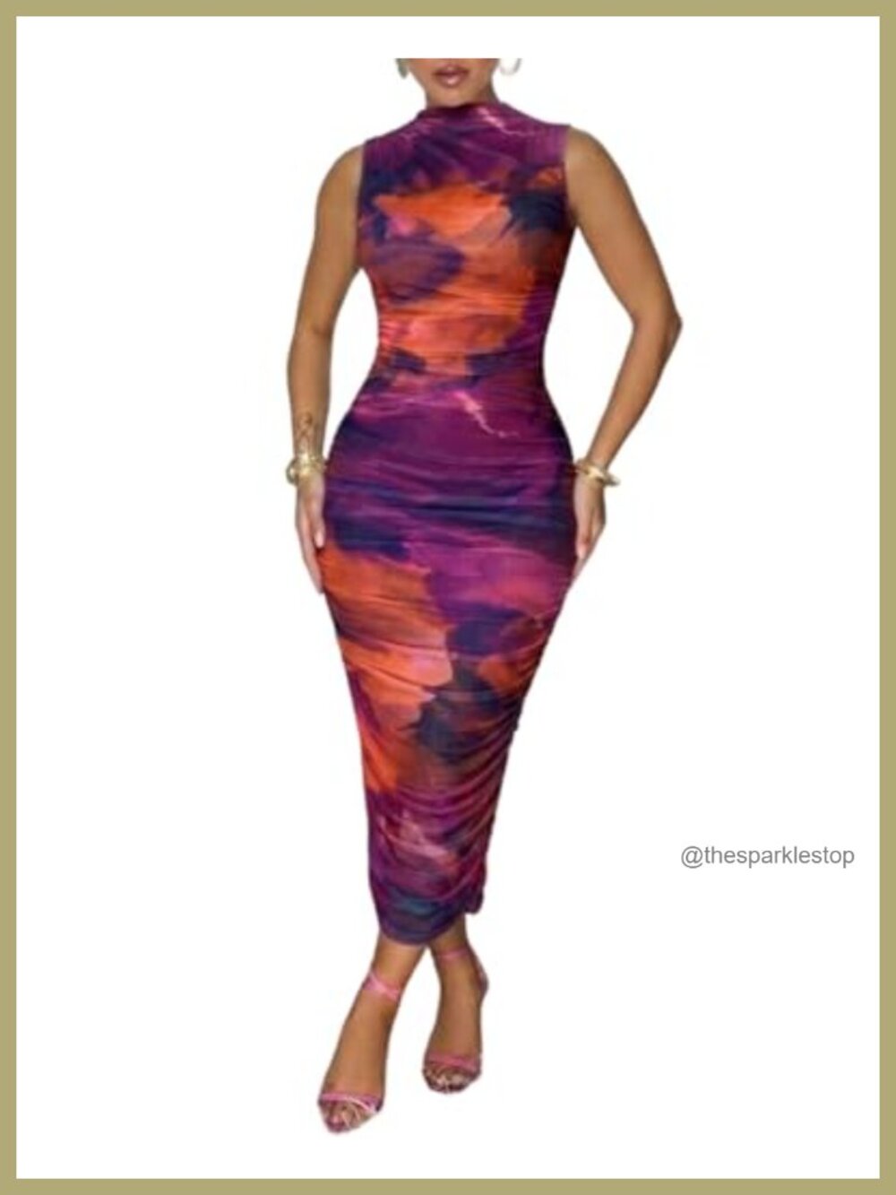 Women's Floral Mesh Midi Bodycon Dress Sleeveless Mock Neck Ruched Summer - Picture 1 of 6